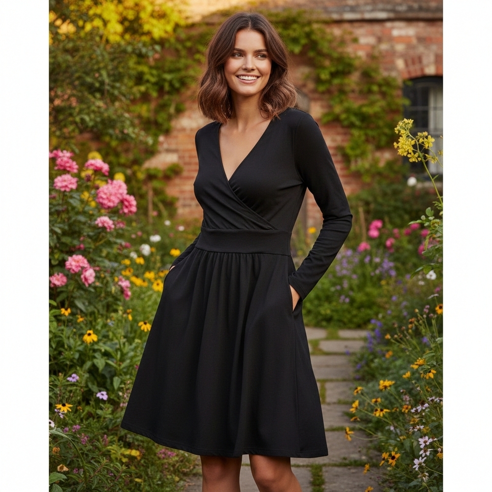 Boden Layla Jersey Dress Size 12‎ Black Long Sleeve Pockets Stretch Knit